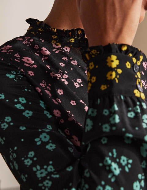 Ruffle Silk Shirt - Black and Azalea, Floral Sprig Ruffle Silk Shirt - Black and Azalea, Floral Sprig