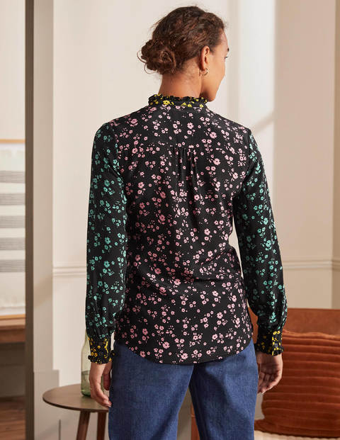 Ruffle Silk Shirt - Black and Azalea, Floral Sprig Ruffle Silk Shirt - Black and Azalea, Floral Sprig