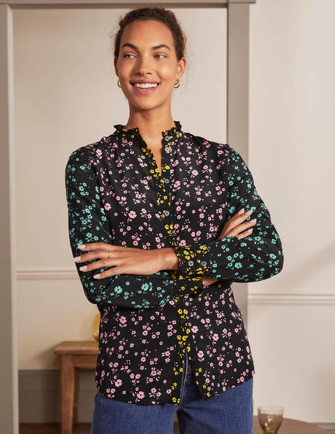 Ruffle Silk Shirt - Black and Azalea, Floral Sprig Ruffle Silk Shirt - Black and Azalea, Floral Sprig