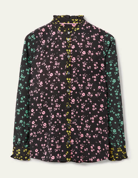 Ruffle Silk Shirt - Black and Azalea, Floral Sprig Ruffle Silk Shirt - Black and Azalea, Floral Sprig