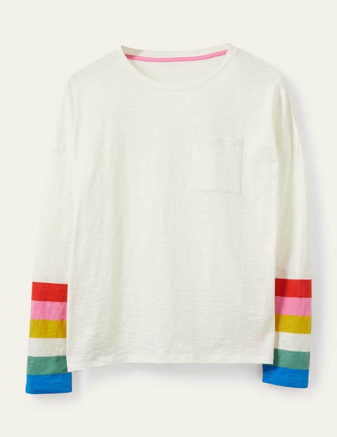 Kastenförmiges Jersey-T-Shirt - Helles Blütenrosa, Regenbogenbündchen Kastenförmiges Jersey-T-Shirt - Helles Blütenrosa, Regenbogenbündchen
