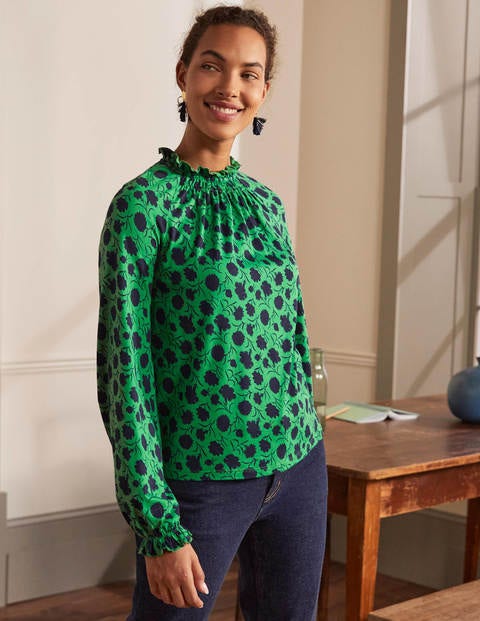 Frill Neck Blouson Jersey Top - Sapling, Leafy Bud Frill Neck Blouson Jersey Top - Sapling, Leafy Bud