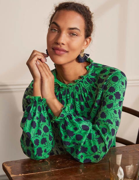 Frill Neck Blouson Jersey Top - Sapling, Leafy Bud Frill Neck Blouson Jersey Top - Sapling, Leafy Bud