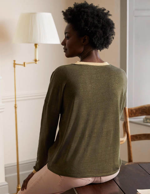 Langärmliges Leinen-Oberteil mit Glitzer - Klassisches Khaki Langärmliges Leinen-Oberteil mit Glitzer - Klassisches Khaki