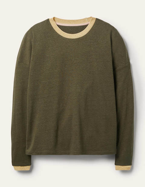 Langärmliges Leinen-Oberteil mit Glitzer - Klassisches Khaki Langärmliges Leinen-Oberteil mit Glitzer - Klassisches Khaki