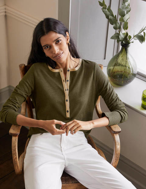 Henley-T-Shirt aus Leinen mit Glitzer - Klassisches Khaki Henley-T-Shirt aus Leinen mit Glitzer - Klassisches Khaki