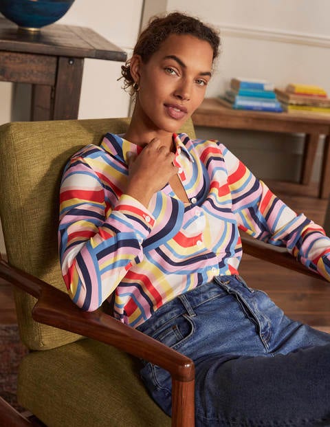 Silk Shirt - Ivory, Abstract Rainbow Silk Shirt - Ivory, Abstract Rainbow
