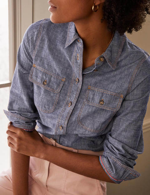 Baumwollchambray-Hemd mit Tasche - Mittleres Vintageblau, Denim Baumwollchambray-Hemd mit Tasche - Mittleres Vintageblau, Denim