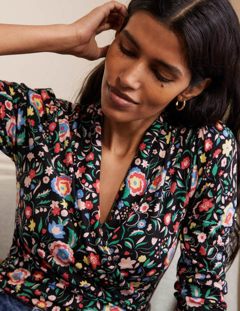 Lara Wrap Top - Black, Rainbow Floral Lara Wrap Top - Black, Rainbow Floral