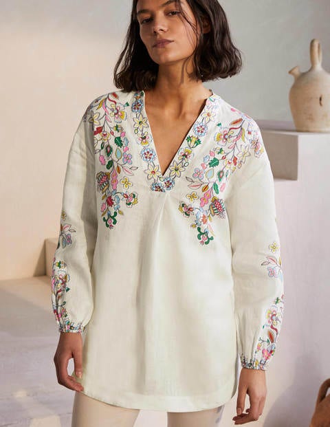Hannah Linen Shirt - Ivory, Kaleidoscopic Floral