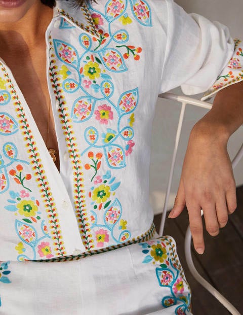 Chemise brodée en lin - Blanc/broderie multi Chemise brodée en lin - Blanc/broderie multi