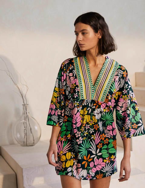 Wide Sleeve Cotton Kaftan - Black, Jungle Floral Wide Sleeve Cotton Kaftan - Black, Jungle Floral