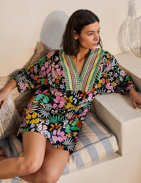 Wide Sleeve Cotton Kaftan - Black, Jungle Floral Wide Sleeve Cotton Kaftan - Black, Jungle Floral