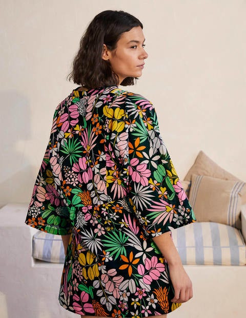Wide Sleeve Cotton Kaftan - Black, Jungle Floral Wide Sleeve Cotton Kaftan - Black, Jungle Floral