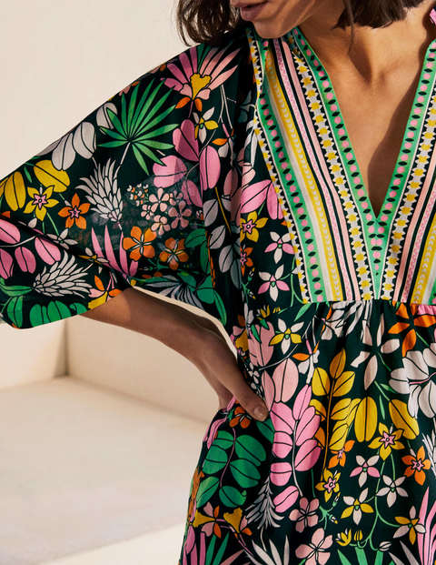 Wide Sleeve Cotton Kaftan - Black, Jungle Floral Wide Sleeve Cotton Kaftan - Black, Jungle Floral