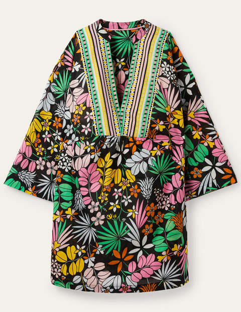 Wide Sleeve Cotton Kaftan - Black, Jungle Floral Wide Sleeve Cotton Kaftan - Black, Jungle Floral