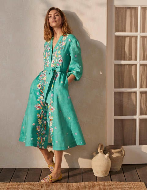 green linen midi dress