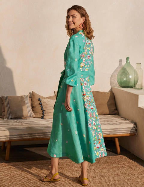 Addie Midikleid aus Leinen - Blattgrün, Placement-Muster Addie Midikleid aus Leinen - Blattgrün, Placement-Muster