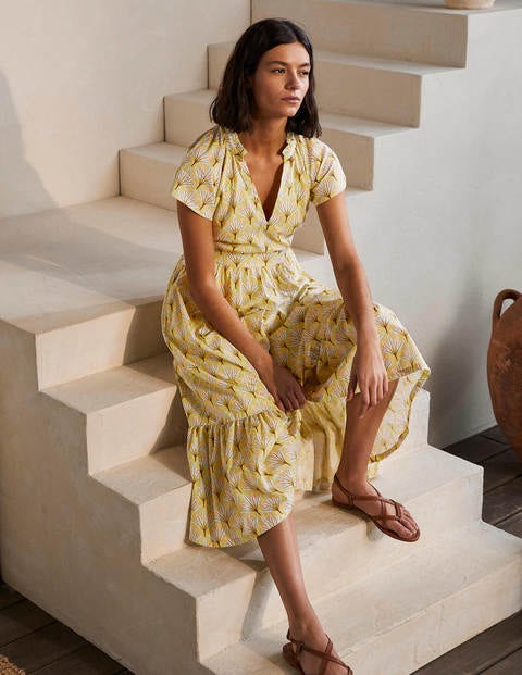 Bernadette Cotton Midi Dress - Corn Yellow, Intricate Leaf