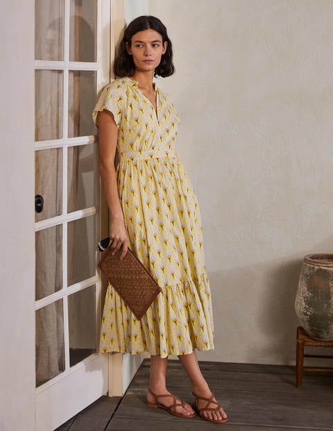 Bernadette Cotton Midi Dress - Corn Yellow, Intricate Leaf Bernadette Cotton Midi Dress - Corn Yellow, Intricate Leaf
