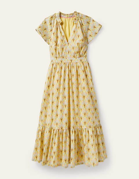 Bernadette Cotton Midi Dress - Corn Yellow, Intricate Leaf Bernadette Cotton Midi Dress - Corn Yellow, Intricate Leaf