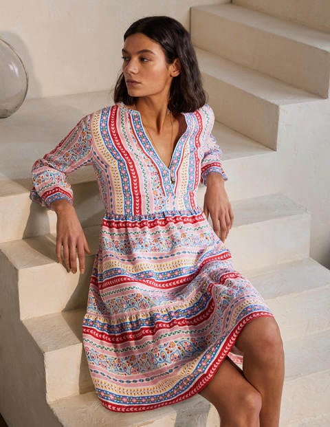 Relaxed Linen Tiered Dress - Ivory, Exotic Border