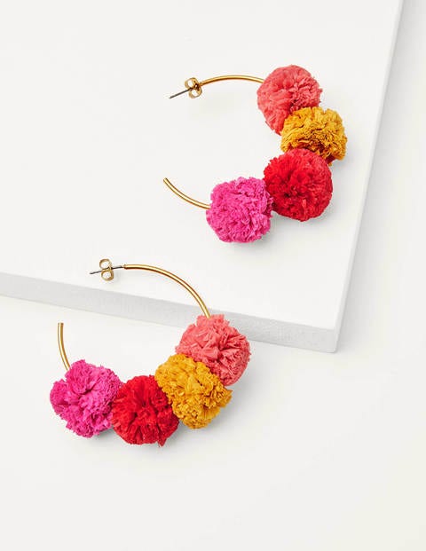 Raffia Pompom Hoops - Pink Multi Raffia Pompom Hoops - Pink Multi