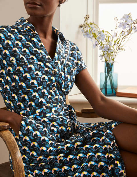 Thomasina Jersey Shirt Dress - Black, Toucan Tile Thomasina Jersey Shirt Dress - Black, Toucan Tile