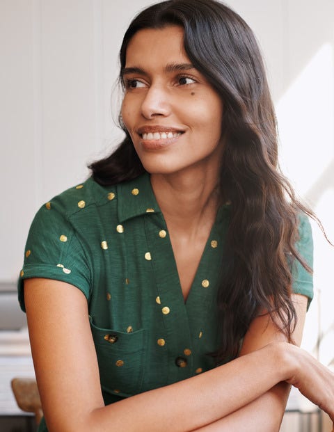 Thomasina Jersey Shirt Dress - Palm Leaf, Polka Dot Spaced Thomasina Jersey Shirt Dress - Palm Leaf, Polka Dot Spaced