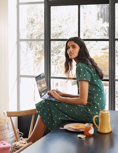 Thomasina Jersey Shirt Dress - Palm Leaf, Polka Dot Spaced Thomasina Jersey Shirt Dress - Palm Leaf, Polka Dot Spaced