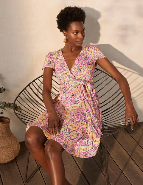 Evangeline Jersey Wrap Dress - Party Pink, Summer Paisley Evangeline Jersey Wrap Dress - Party Pink, Summer Paisley