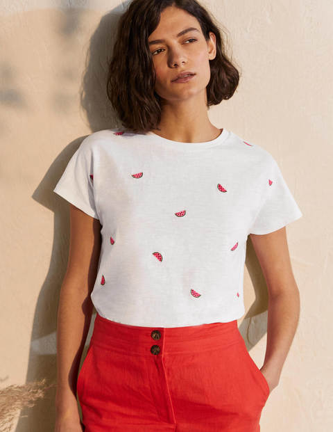 Lena Embroidered Jersey Tee - White, Embroidered Watermelons Lena Embroidered Jersey Tee - White, Embroidered Watermelons