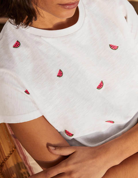 Lena Embroidered Jersey Tee - White, Embroidered Watermelons Lena Embroidered Jersey Tee - White, Embroidered Watermelons