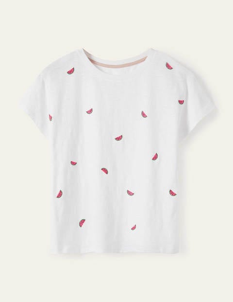 Lena Embroidered Jersey Tee - White, Embroidered Watermelons Lena Embroidered Jersey Tee - White, Embroidered Watermelons