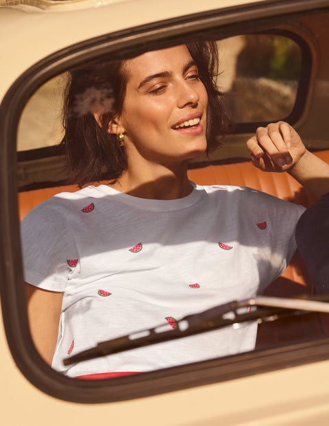 Lena Embroidered Jersey Tee - White, Embroidered Watermelons