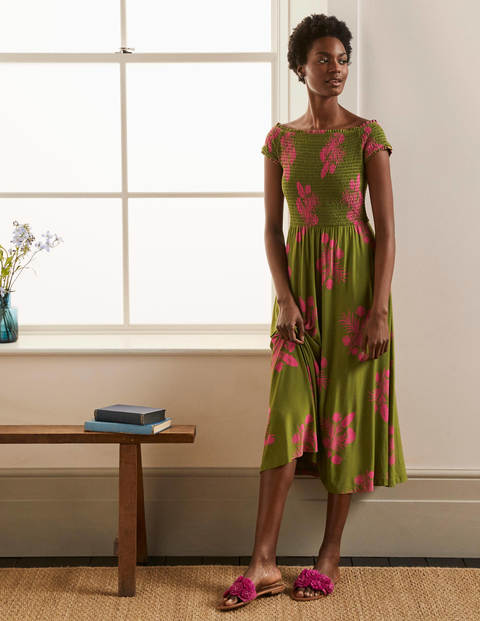 Angelica Smocked Midi Dress - Pea, Jungle Bouquet Angelica Smocked Midi Dress - Pea, Jungle Bouquet
