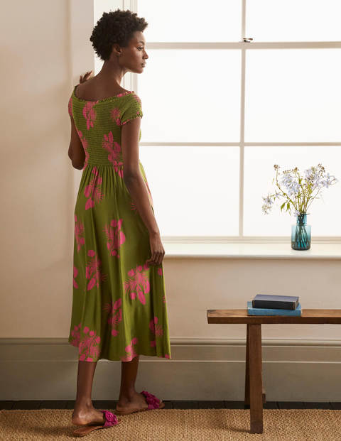 Angelica Smocked Midi Dress - Pea, Jungle Bouquet Angelica Smocked Midi Dress - Pea, Jungle Bouquet