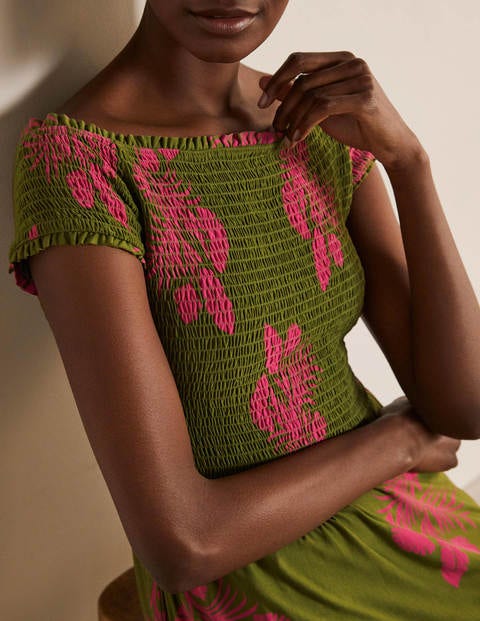 Angelica Smocked Midi Dress - Pea, Jungle Bouquet Angelica Smocked Midi Dress - Pea, Jungle Bouquet