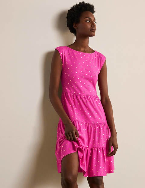 Romaine Tiered Jersey Dress - Party Pink and Gold, Polka Dot