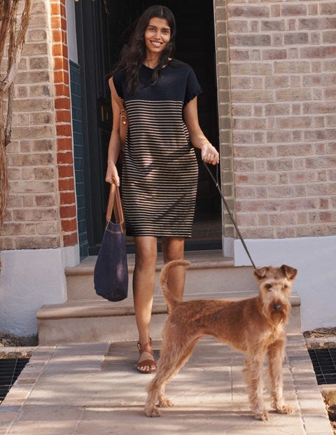 Faye Jersey T-shirt Dress - Navy/Gold Foil Stripe Faye Jersey T-shirt Dress - Navy/Gold Foil Stripe