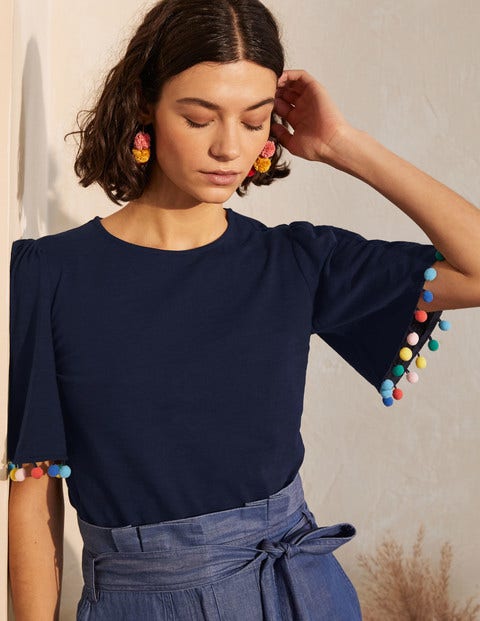 Eloise Pom Trim Jersey Top - Navy Eloise Pom Trim Jersey Top - Navy