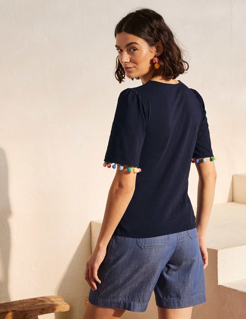 Eloise Pom Trim Jersey Top - Navy Eloise Pom Trim Jersey Top - Navy