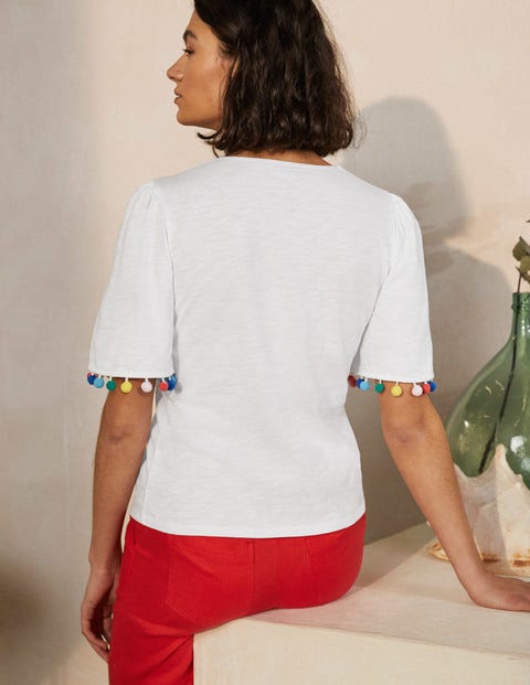 Eloise Pom Trim Jersey Top - White Eloise Pom Trim Jersey Top - White