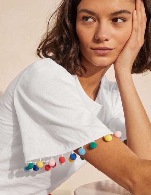 Eloise Pom Trim Jersey Top - White Eloise Pom Trim Jersey Top - White