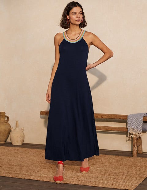 Striped Neck Jersey Maxi Dress - Navy Striped Neck Jersey Maxi Dress - Navy