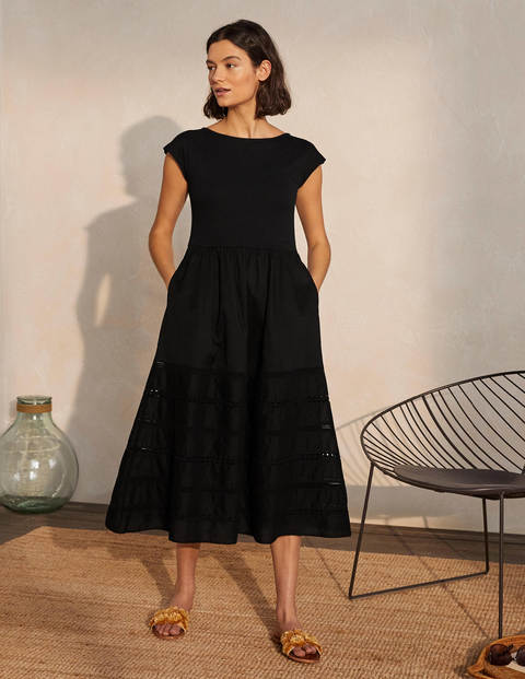 Woven Mix Trim Detail Dress - Black