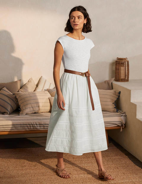 Woven Mix Trim Detail Dress - White Woven Mix Trim Detail Dress - White