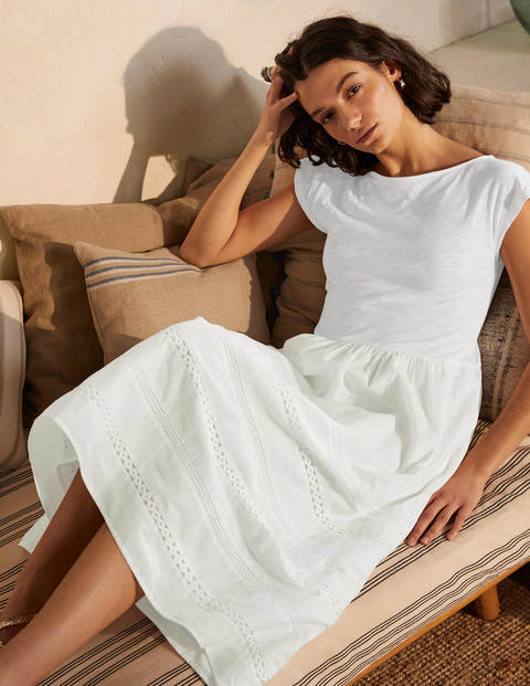 Woven Mix Trim Detail Dress - White Woven Mix Trim Detail Dress - White