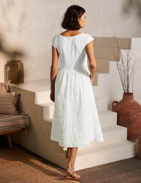 Woven Mix Trim Detail Dress - White Woven Mix Trim Detail Dress - White