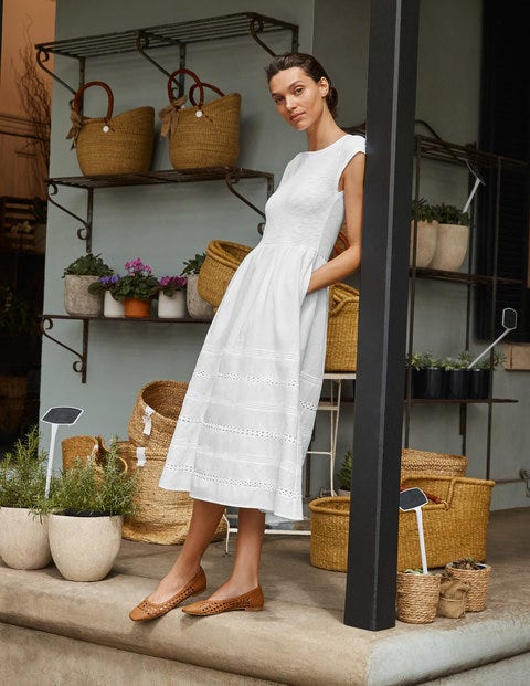 Woven Mix Trim Detail Dress - White Woven Mix Trim Detail Dress - White
